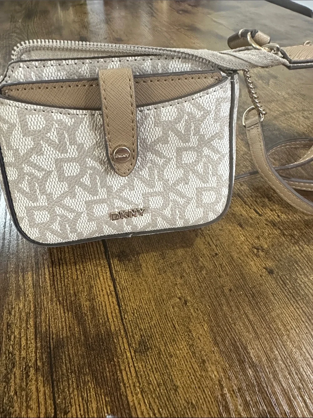 DKNY Beige and Tan Monogram Crossbody Bag